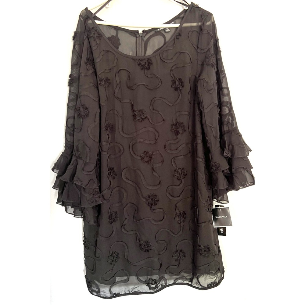 Madison Leigh Dress Womens 18 Black Shift Tiered Ruffle Bell Sleeve Applique NWT